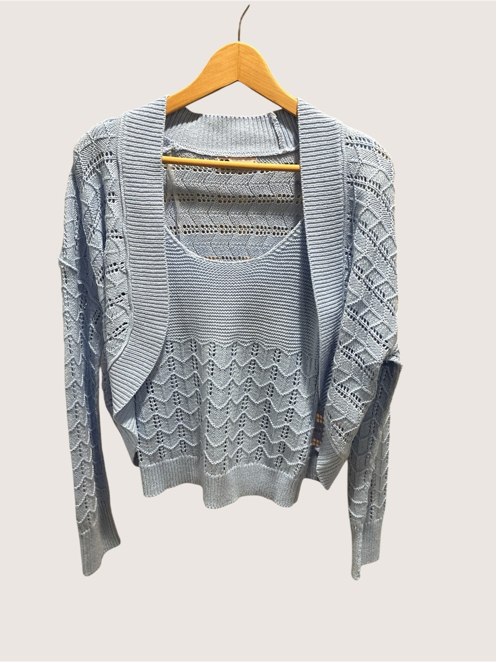 Light Blue Open-Front Knit Cardigan with Tank Top